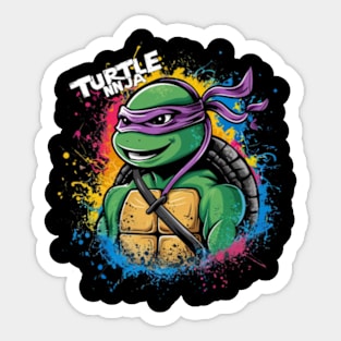 A striking and vibrant illustration of a ninja turtle, wearing a pair of sleek headphones Sticker